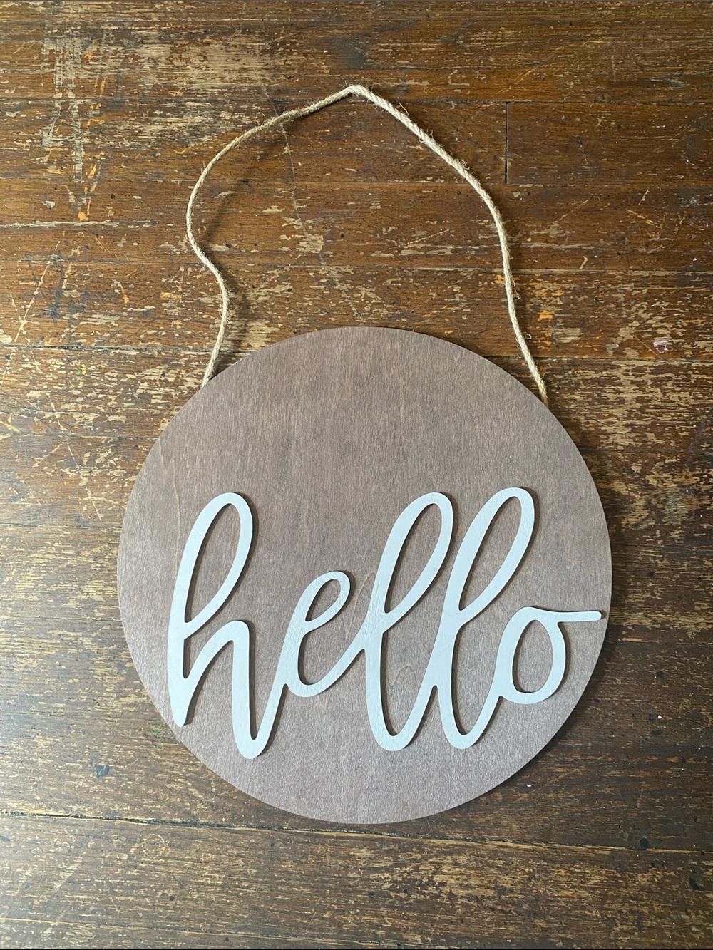 Hello Script Round Wall Sign - White on Brown